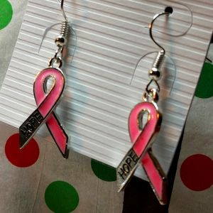 🆕Breast Cancer Dark Pink Hope Ribbon Enamel Earrings Dangling 1 1/2"NWT